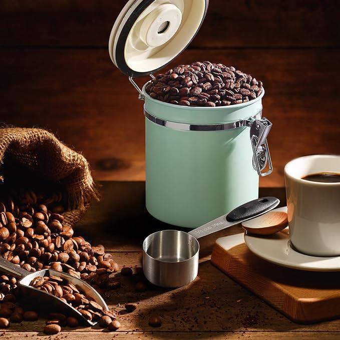 ShanSon Coffee Canister Airtight Coffee Container Stainless Steel Coffee Bean Storage Container with CO2 Release Valve and Scoop Coffee Canister for Beans,Grounds,Sugar,Flour,Tea,Cereal,16OZ,Green