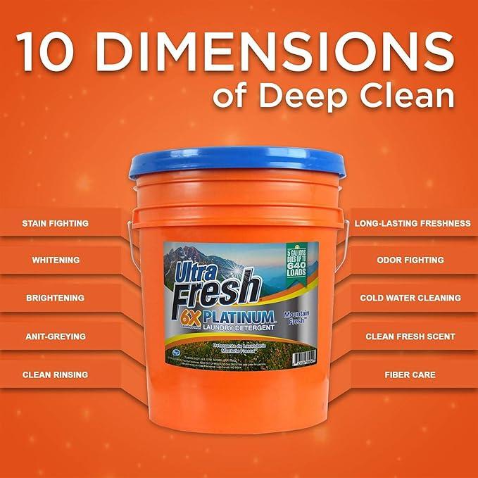 Ultra Fresh 5 Gallon Liquid Laundry Detergent Washing Soap for All Machine Types, 6X Platinum, Up to 640 Loads, Mountain Fresh