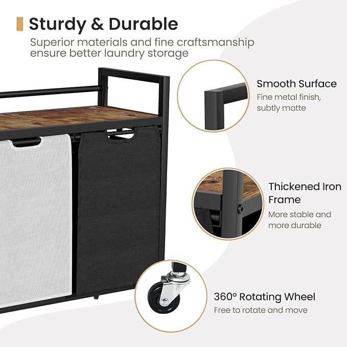 Laundry Hamper, Laundry Basket, Laundry Sorter with 2 Removable Bags, Clothes Basket with 2 Compartments, Wheels, Shelf for Laundry Room Bathroom Bedroom (2 Bags-Black Grey)