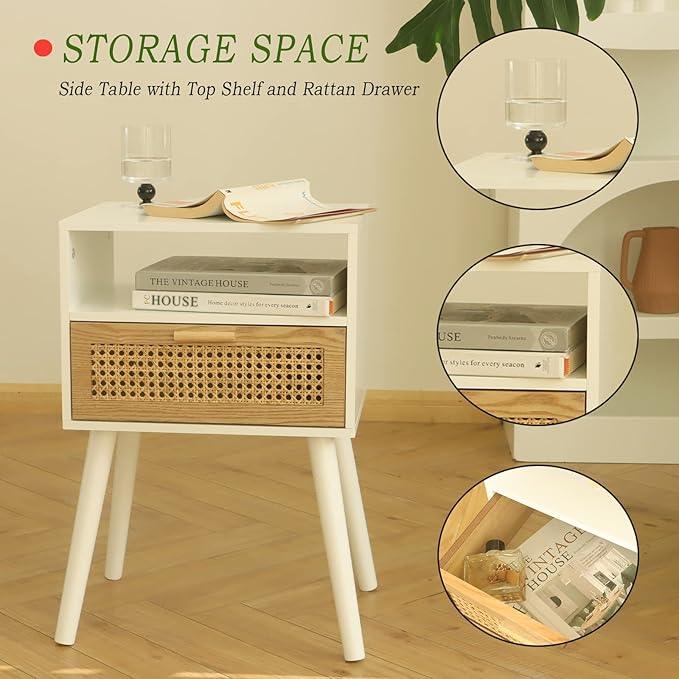 MaxSmeo Nightstand with Charging Station, Bedside Tables with Rattan Drawer, Mid Century Modern Nightstand, End Table for Living Room, Bedroom and Small Spaces, Easy Assembly (White)