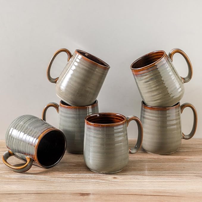 Hasense 12 oz Coffee Mugs, Ceramic Coffee Cups Set of 6, Stoneware Latte Mug with Large Handle for Coffee, Tea, Milk and Chocolate, Easy Hold & Clean, Dishwasher & Microwave Safe, Light Grey