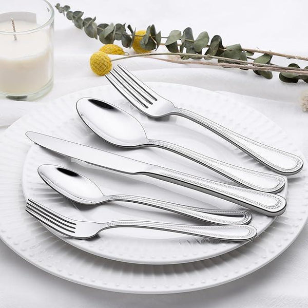40 Piece Silverware Set for 8, Terlulu Stainless Steel Flatware Set, Mirror Polished Cutlery Set Utensil Set, Tableware Include Forks Spoons Knives for Home Restaurant, Beaded Handle, Dishwasher Safe