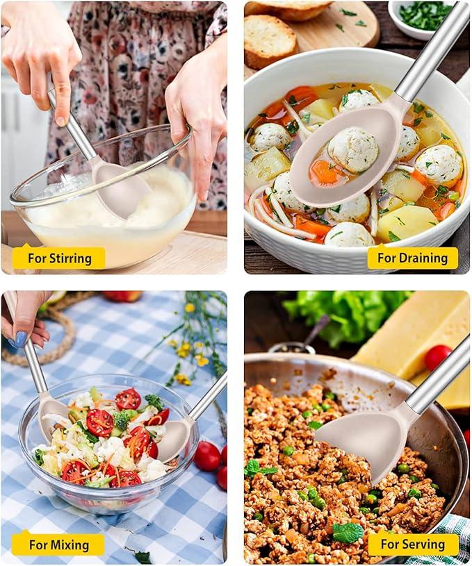 Pack of 2 Large Silicone Cooking Spoons,Non Stick Solid Basting Spoon,Heat-Resistant Kitchen Utensils for Mixing,Serving,Draining,Stirring (STAINLESS STEEL KHAKI)
