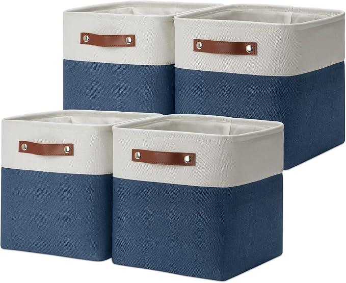 DULLEMELO [Set of 4 Storage Cubes Baskets for Organizing, 11 x 11 x 11 inch Cube Storage Organizer Bins with Leather Handles, Foldable Fabric Cloth Bins for Cube Storage(4 Pack - 11