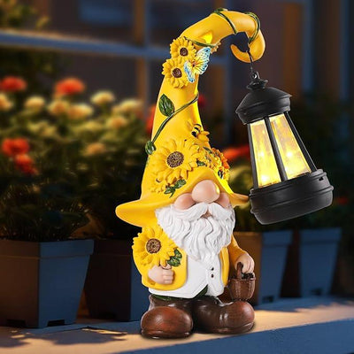 Solar Garden Decor - Sunflower Gnome Statue with Lantern 9.1