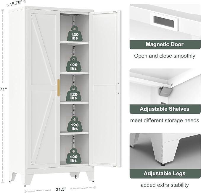 71'' Farmhouse Metal Storage Cabinet with Barn Doors,Steel File Cabinet for Home Office,Kitchen Pantry 4 Adjustable Shelves,Freestanding Cupboard for Kitchen,for Home Office,School (White)