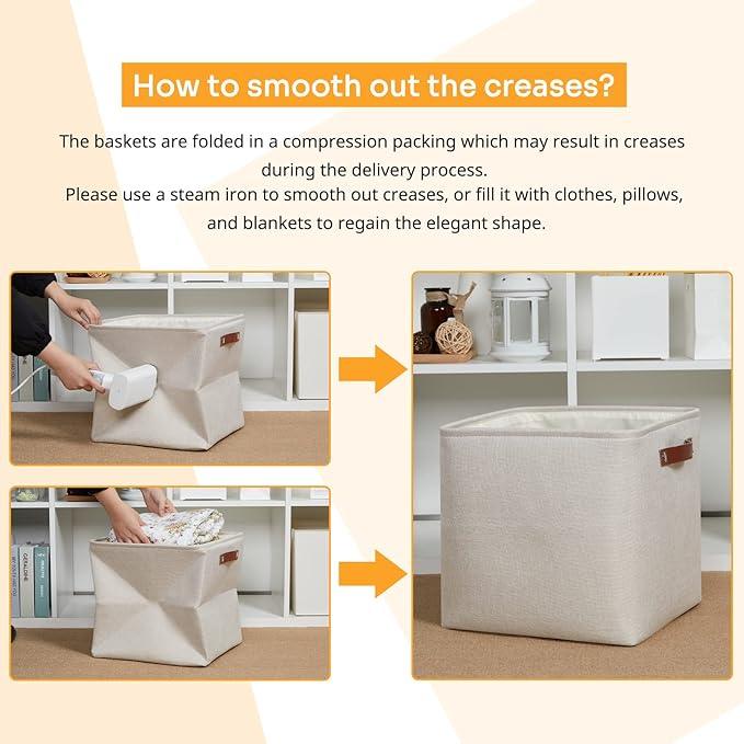DULLEMELO Storage Bins, 4 Pack Of 13x13x13 Decorative Storage Cube Bins Suit Office, Home, Shelves And Closet, Cube Storage Bin with Leather handle(4 Pack - 13