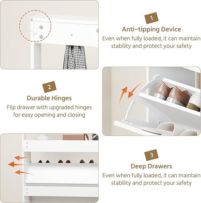 Shoe Cabinet with 3 Flip Drawers, Narrow Shoe Cabinet with 9 Hooks Coat Rack, Freestanding Shoes Storage Cabinets with Adjustable Shelves for Entryway, Hallway, Living Room, White