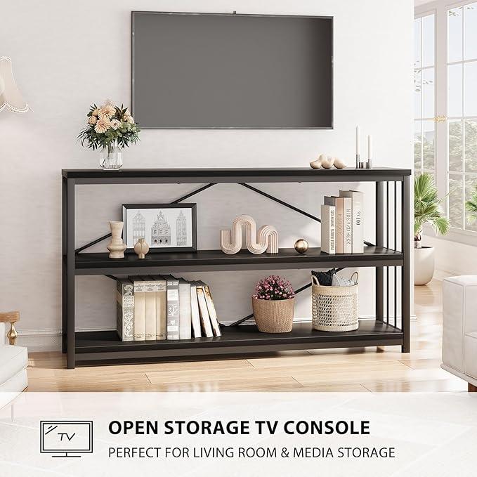 LVB Black Console Table, Modern Entryway Table for Hallway Living Room, Industrial Sofa Table Behind Couch, Farmhouse Wooden Metal Entry Table for Foyer with 3-Tier Storage Shelves, Black Oak, 55 Inch