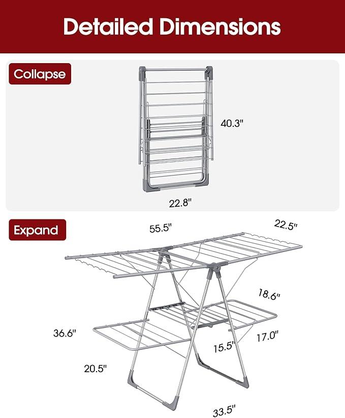 Clothes Drying Rack - Foldable Laundry Drying Rack for Clothing & Bedding, Easy-to-Assemble, Space-Saving Metal Airer with Non-Slip Feet, Indoor & Outdoor Use, 55.5