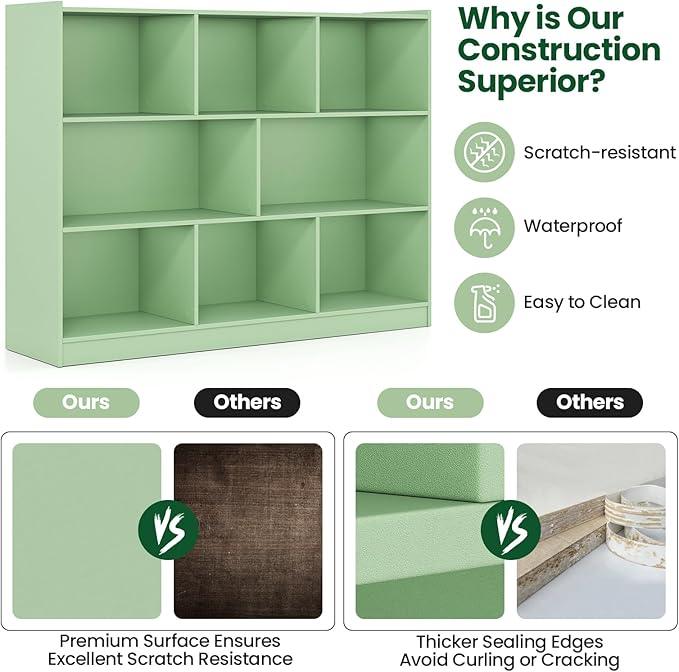 Tangkula 8-Cube Bookcase, Wood 3 Tier Open Storage Bookshelf, Modern Multipurpose Display Cabinet for Living Room, Study, Reading Nook, 48 x 12.5 x 36.5 Inch (Green)