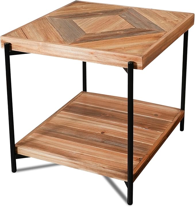 CONSDAN StoneCreek Solid Fir Wood Side Table - Metal Frame, 2-Tier End Table for Living Room/Bedroom/Office, 23