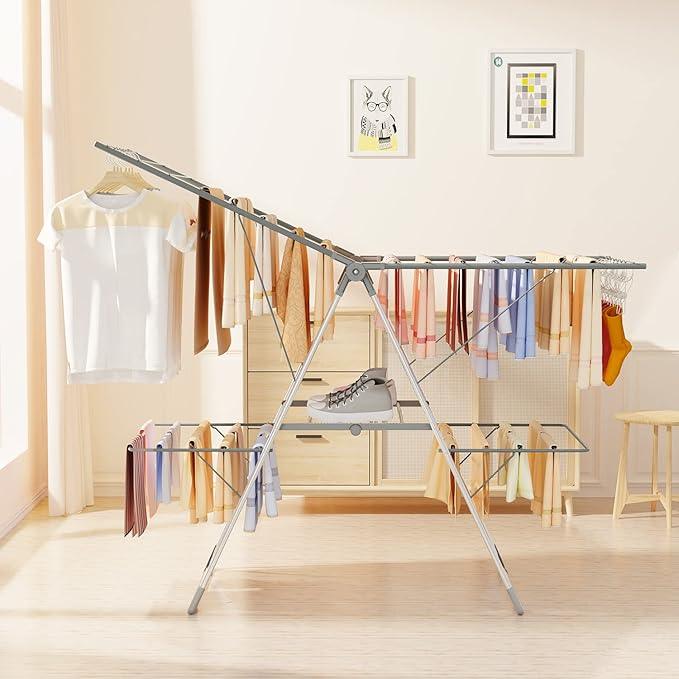 Bigzzia Clothes Drying Rack Foldable, 2-Level Large Laundry Drying Rack Collapsible, Stainless Steel Drying Rack Clothing for Indoor Outdoor, Easy to Fold, 33 Drying Rails, 142cm, Gray