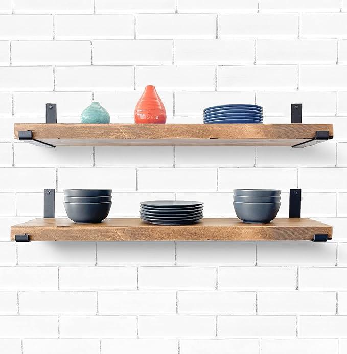 Rustic Shelves with J-Brackets Set of 2, Industrial Shelf, Kitchen Shelves, Solid Wood, Decorative Wall Storage, Heavy Duty, URBANDI (Brown, 24Wx12D)