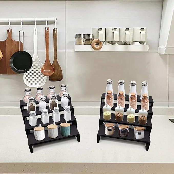 Large Display Wood Risers Wooden Stand 8 Tier Wood Racks Decorative Rectangular, 2 Set 8 Piece Cupcake Stands Cologne Perfume Organizer Dessert Showcase Items(black)
