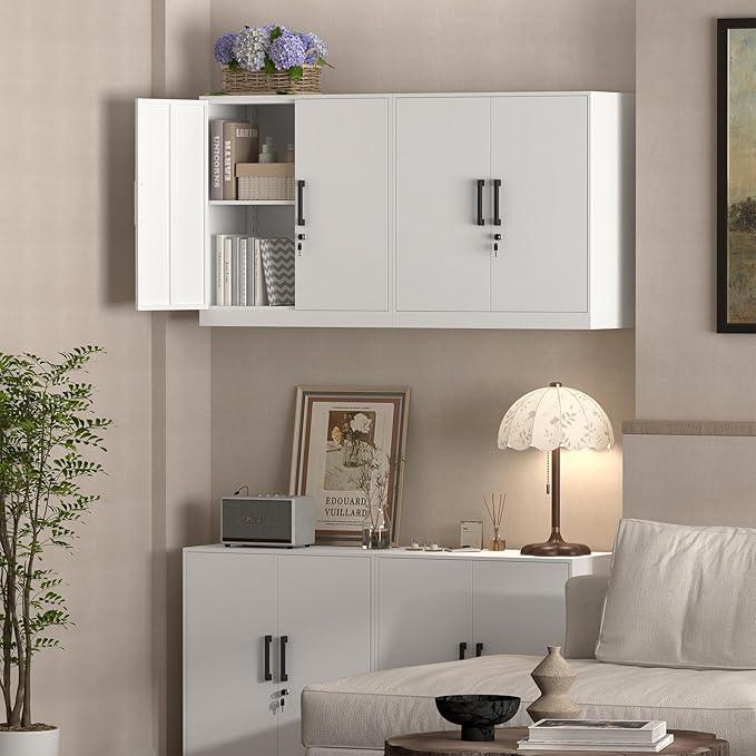Wall Cabinet,Lockable Storage Cabinets with Adjustable Shelf,Locking Wall Storage Cabinet with Doors for Laundry Room,Home Office,White