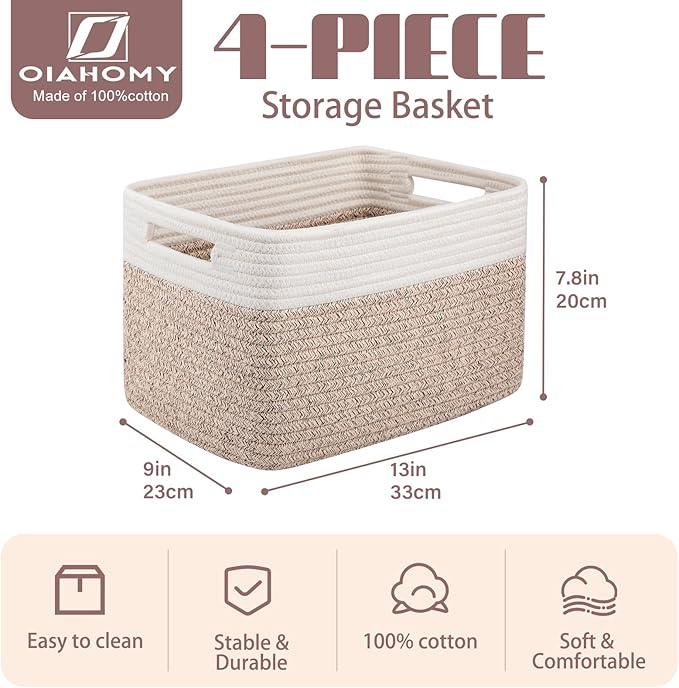 OIAHOMY 4 Pack Storage Baskets for Organizing, Basket for Shelves with Handle, Woven Baskets for Storage Toys, Towels, Books, Cotton Rope Basket 13