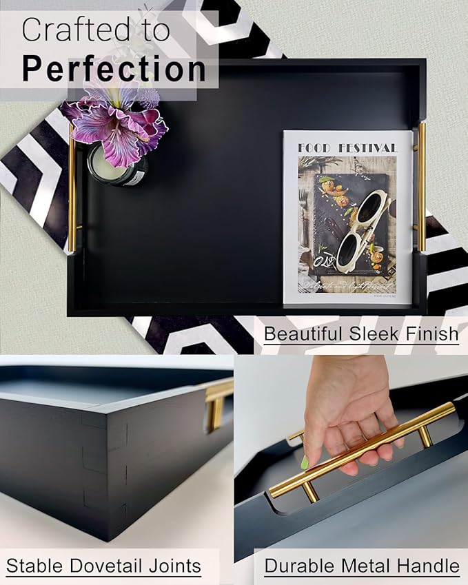 22 Inch Rectangle Black Ottoman Tray with Gold Metal Handles, Extra Large Wooden Serving Tray for Living Room, Coffee Table, Kitchen & Hosting