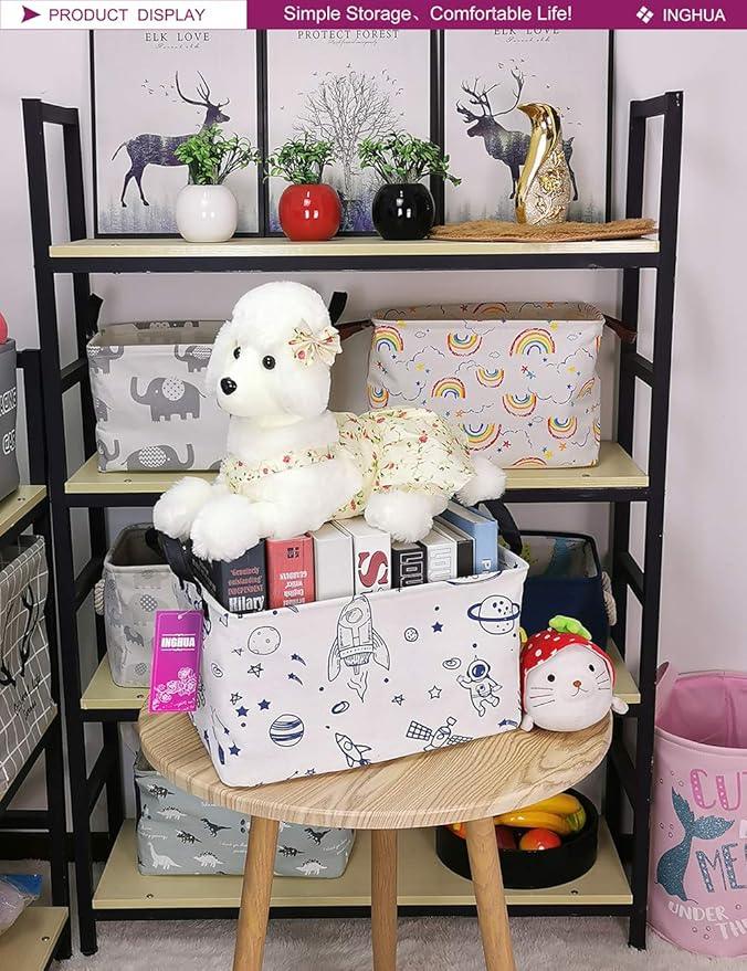 Rectangular Storage Basket Fabric Organizer Bin for Toys,Books,Clothes,Gifts,Pets-Perfect for Home,Office,Nursery,Dorm,Shelf(Rec Spaceships)