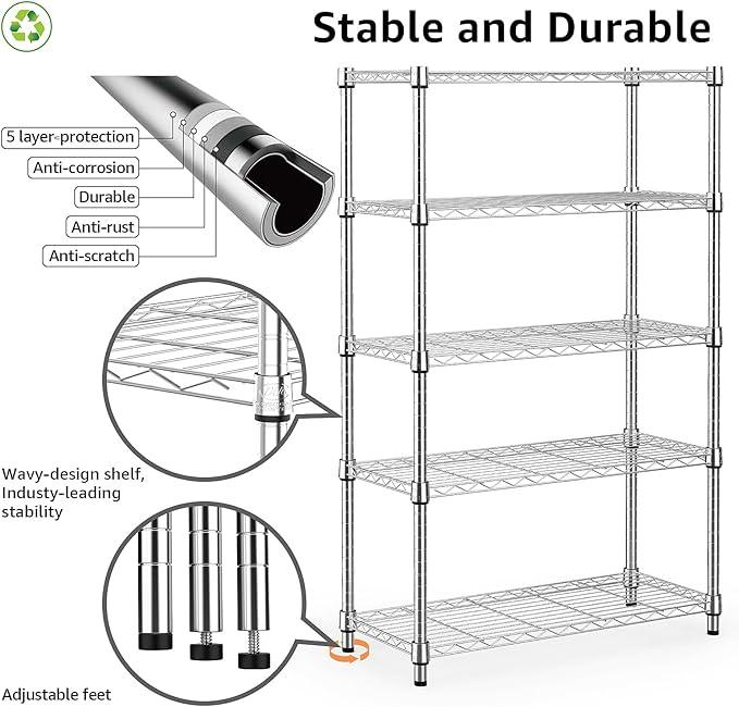 1250 lbs Steel Heavy Duty 5-Tier Utility Shelving Unit Steel Organizer Wire Rack for Home,Kitchen,Office,Chrome (13.7