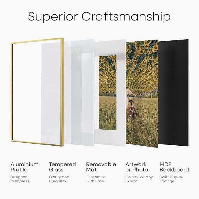Homeforia A1 Poster Frame Gold, High End Metal 23.4 x 33.1 inches Large Picture Frames with Mat 16.5 x 23.4 for Photo, A1 Size Frames Matted to A2 Print, 23.4x33.1 Thin Frame, Tempered Glass, Set of 1