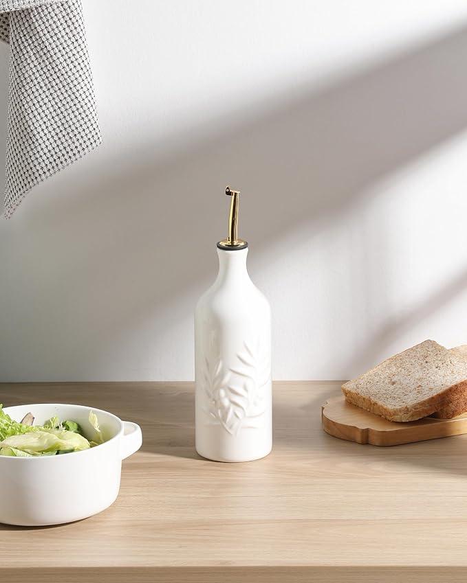 Sweejar Ceramic Olive Oil Dispenser Bottle 20 Oz Relief Opaque Oil Cruet Protects To Reduce Oxidation Suitable for Storage Vinegar, Soy Sauce, Coffee Syrup, Liquids, Set of 1 (White Gold Spout)