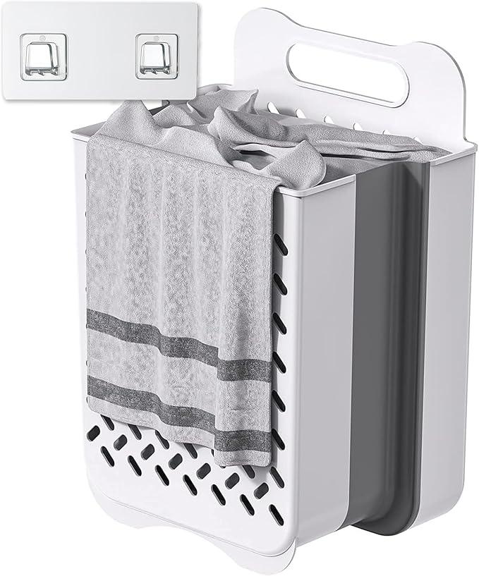 Plastic Foldable Laundry Basket with Handle, 42L Wall Mounted Laundry Hamper Freestanding Dirty Clothes Hamper, Collapsible Laundry Baskets Pop Up Hamper Storage Container for Snacks Dolls