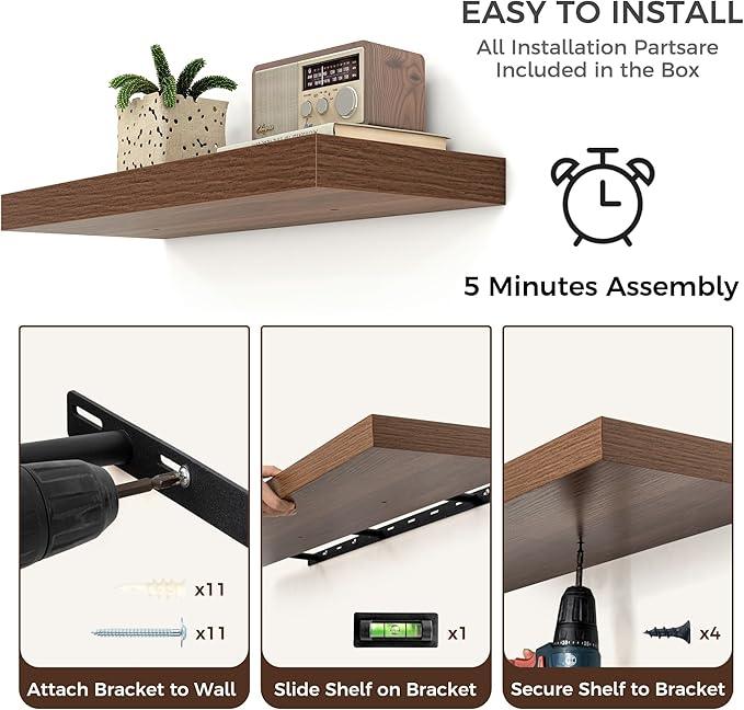 Floating Shelves for Wall, Large Wall Mounted Shelves with Invisible Brackets, Long Wood Floating Shelf for Living Room, Bedroom, Kitchen, (Walnut, 55