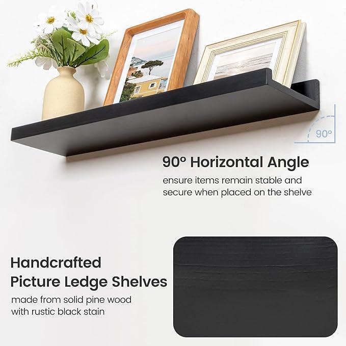 Picture Ledge Shelf, Floating Shelves Set of 2, Solid Pine Wood 72'' Long Large Nursery Book Shelves for Toys Storage, Kids Bookshelf for Living Room Bedroom Decor Books Photo Frames, Black