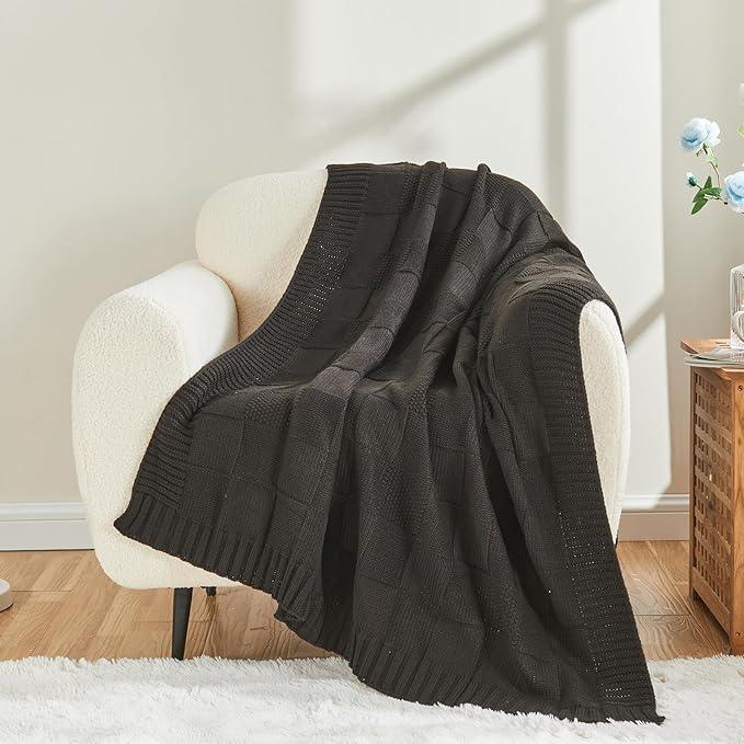 CozeCube Check Knit Throw Blanket, Jet Black Checkered Throw for Couch, Decorative Christmas Soft Cozy Warm Knitted Blanket for Bed Sofa Living Room, 60
