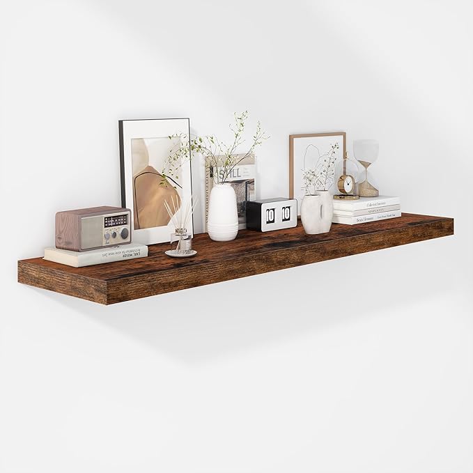 Fun Memories Floating Shelves - 12 Inch Rustic Wooden Wall Shelves - Extra Deeper & Thicker Wall Mounted Storage Shelf for Living Room, Kitchen, Farmhouse - 48