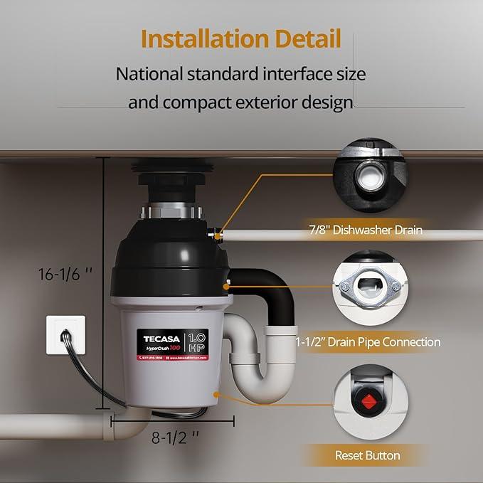 1 HP Garbage Disposal with Sound Reduction, TECASA Food Waste Disposer for Kitchen Sink, Septic Safe Garbage Disposal, Power Cord Included, Grey and Black - HyperCrush 100