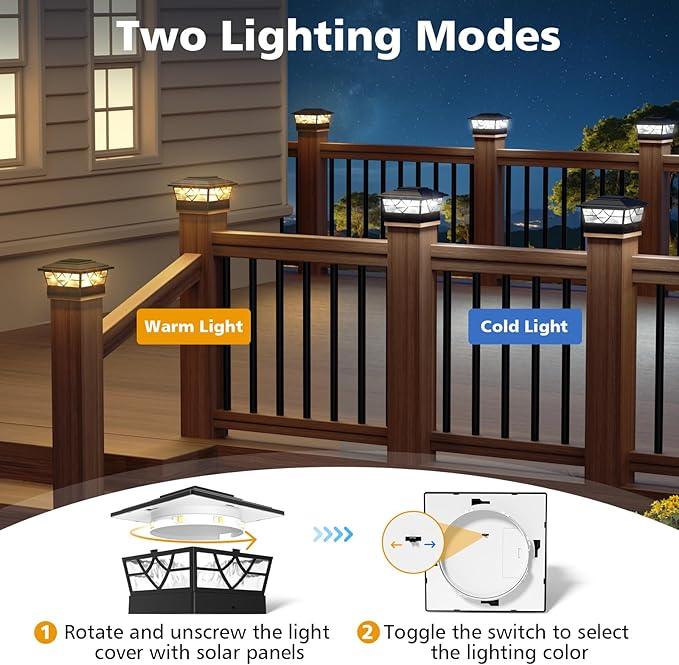 NIORSUN Solar Post Lights Outdoor 4 Pack, 2 Modes LED, Deck Fence Post Solar Lights for 3.5x3.5 4x4 5x5 5.5x5.5 Caps Patio Garden Decoration, Black