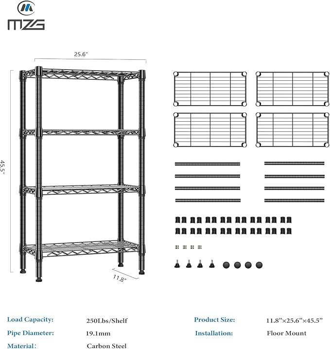 1000 lbs 4 Tier Shelf Metal Storage Shelves Wire Rack Closet Organizers for Garage Kitchen Bathroom Laundry Black 11.8
