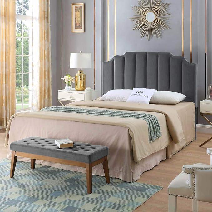 24KF Dark Gray Velvet Tufted Queen Upholstered Headboard, Modern Vertical Channel Design California Queen/Full Headboard with Stepped Silhouette Top Edge,Dark Gray