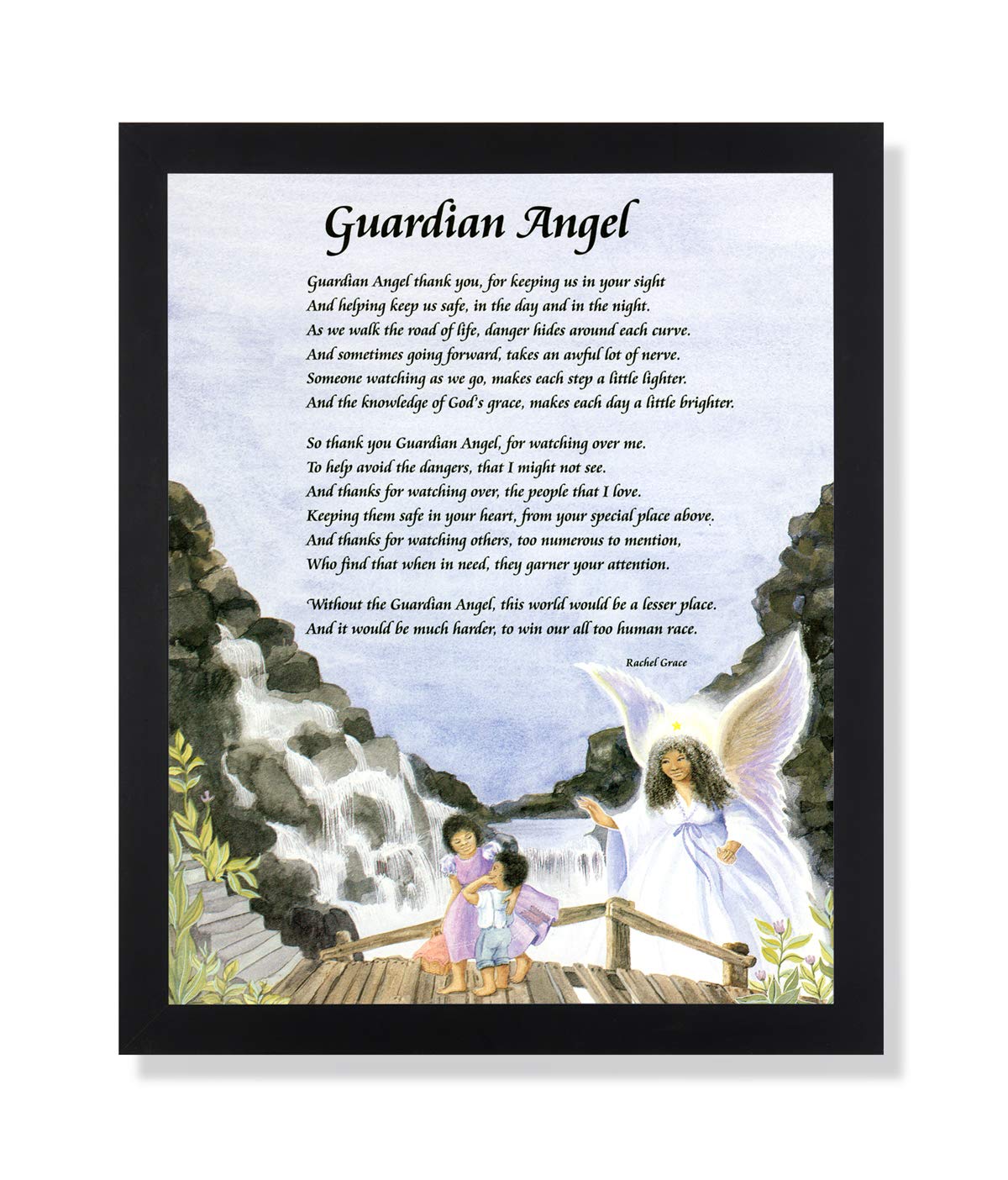Black Framed Art Print – African American Guardian Angel Children on Bridge in Solid Wood Frame