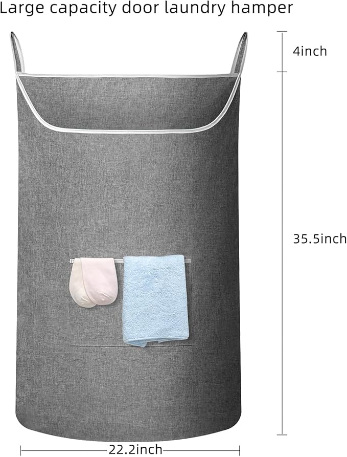 X-Large Hanging Laundry Hamper Bag, Door Hanging Hamper with Front Pocket Dirty Clothes Hanging Laundry Bag Large Size 35X22 inch Door Laundry Basket (Grey)