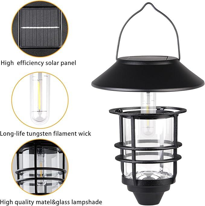 Solar Lantern Outdoor Lights, Hanging Waterproof Lantern Lights with Wall Mount Kit for Garden Porch Fence 2 Pack