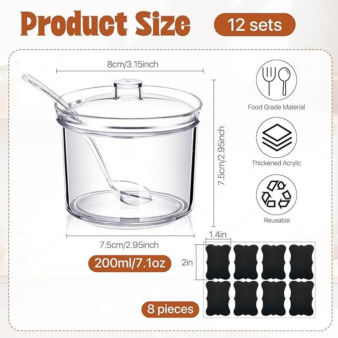12 Pcs Acrylic Sugar Bowl with Lid and Spoon,7.1 Oz Clear Condiment Storage Pot,Sugar Jar Spices Container for Home Kitchen,Coffee Bar,Restaurant