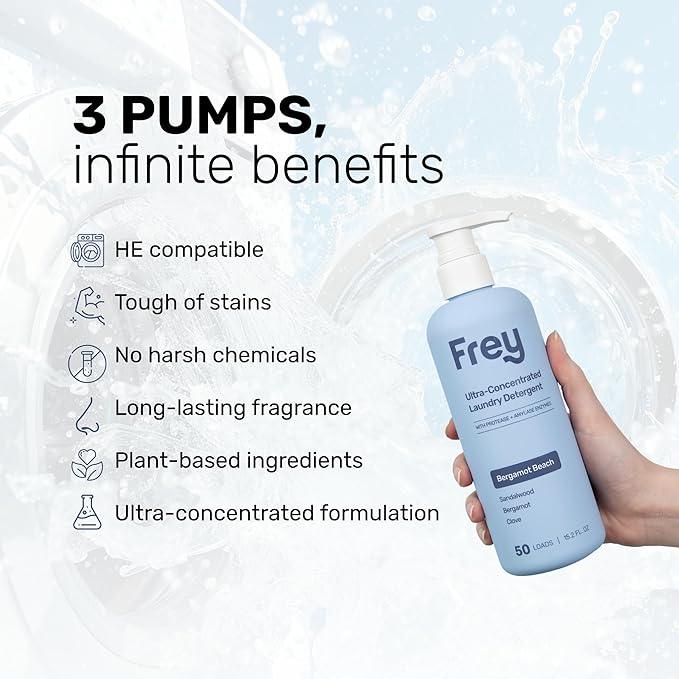 FREY Concentrated Liquid Laundry Detergent | Formulated for Sensitive Skin & HE Washers | Removes Stains Effectively | 50 Loads per Bottle (1-pack Bergamot Beach)