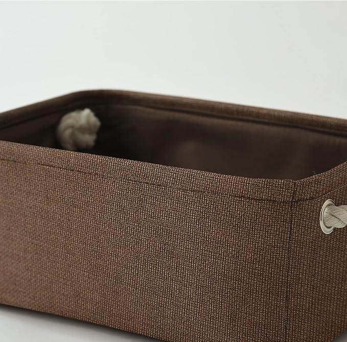 TheWarmHome Small Fabric Canvas Storage Bin with Cotton Rope Handles - Foldable Empty Basket for Gift (Brown-1 Pack,11.8L7.9W5.2H inch)