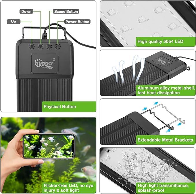 hygger 25W Smart Aquarium Light, Bluetooth LED Light with App Control, Full Spectrum Fish Tank Light with 24/7 Lighting Cycle, 5 Modes, Adjustable Timer, for 18