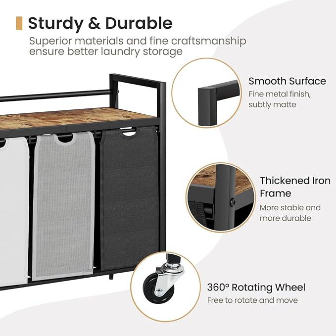Laundry Hamper, Laundry Basket, Laundry Sorter with 3 Removable Bags, Clothes Basket with 3 Compartments, Wheels, Shelf for Laundry Room Bathroom Bedroom (3 Bags-Black Grey White)