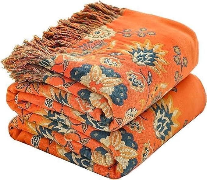 Throw Blanket for Couch Bed Chair,100% Cotton Soft Lightweight Blanket Rustic Quilt -Orange Floral Printed Farmhouse Decor Bed All Season Blankets,80