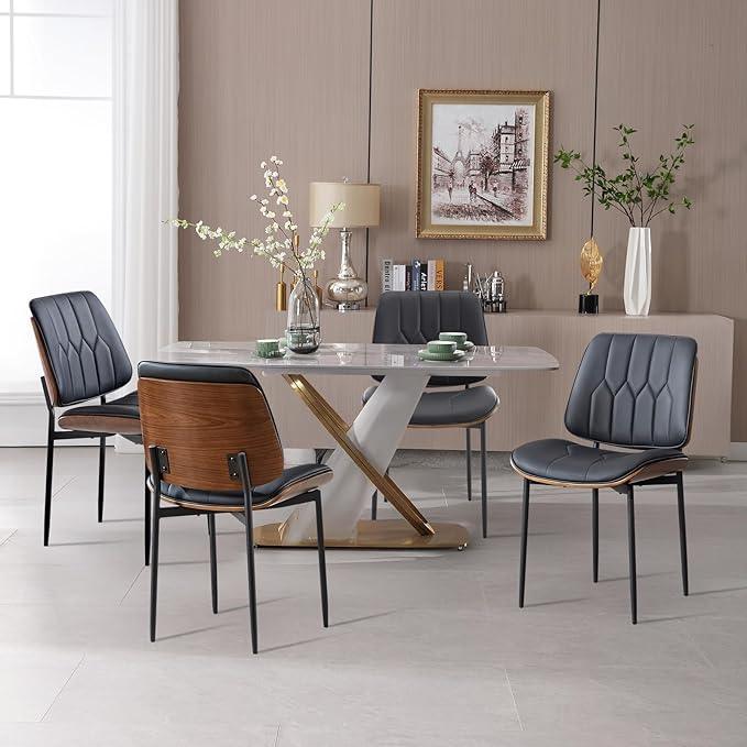 BV Mid Century Modern Dining Chairs Set of 2, Upholstered Pu Leather Accent Chair with Walnut Bentwood Back, Armless Kitchen Chair for Dining Room, Living Room, Kitchen, Black
