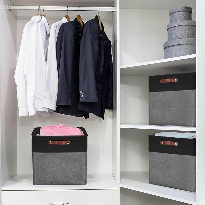 13x13 Cube Storage Bins, Collapsible Fabric Storage Box, 4 Pack Closet Baskets with Handles for Organizing, Shelf, Toys, Clothes, Home, Office, Nursery (Grey&Black)