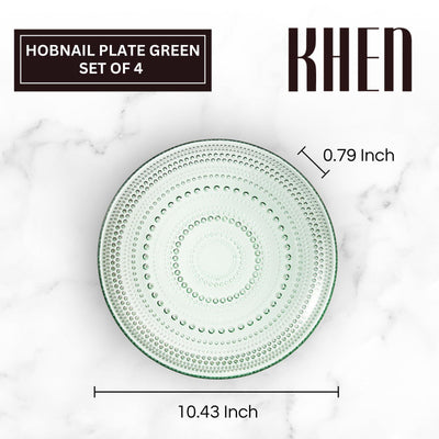 Glass Hobnail Dinner or Charger Plates | Set of 4 | Green