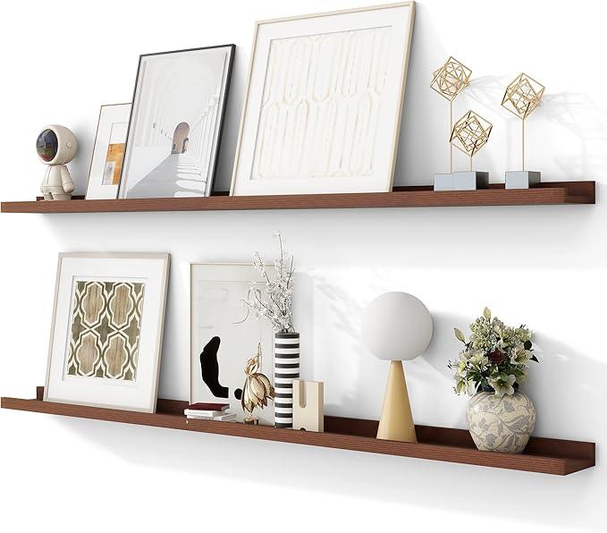 Solid Ash Wood Picture Ledge Shelf, Floating Shelves Set of 2, 56 Inch Long Large Ledge Shelves, Nursery Book Shelves Wall Mounted for Living Room Bedroom Kitchen Decor Kids Bookshelf, Walnut