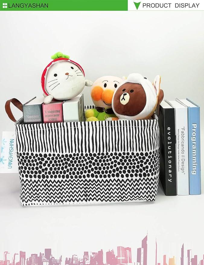 LANGYASHAN Rectangular Storage Bin Collapse Canvas Fabric Cartoon Storage Basket with Handles for Organizing Home Kitchen Boys and Girls Toys Office Closet Shelf Baskets (Rec Black line)
