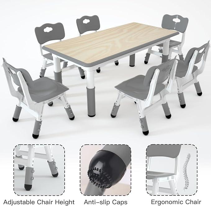 Kids Study Table and 6 Chairs Set,Height Adjustable Table and Chairs for Children and Toddlers,47.2